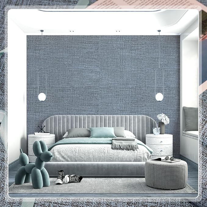 Amiya Grasscloth Wallpaper Blue Peel and Stick Faux Fabric Linen Contact Paper - Image 7