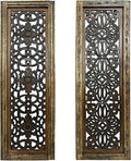 Floral Hand Carved Wooden Wall Panels Set of 2, Rustic Brown Decorative Wall Art by TUPTHEURBANPORT