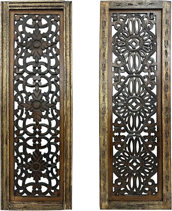 Floral Hand Carved Wooden Wall Panels Set of 2, Rustic Brown Decorative Wall Art by TUPTHEURBANPORT
