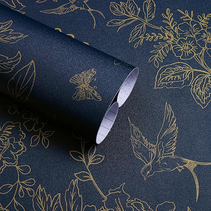 Froluya Dark Blue and Gold Vintage Floral Peel and Stick Wallpaper 17.7"x196.8" by Froluya