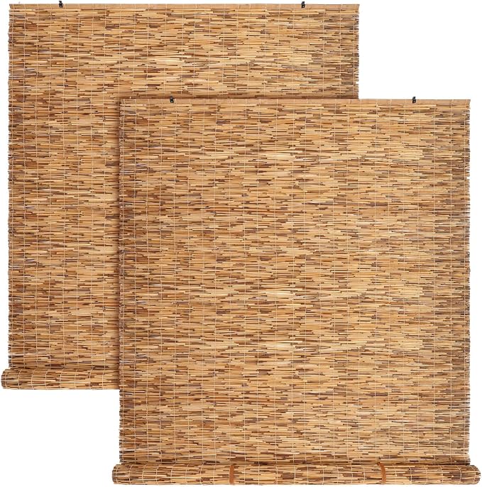 DoubleFill 2 Pcs Bamboo Shades Outdoor Reed Roll Up Blinds 48 W x 72 H Blackout by DoubleFill