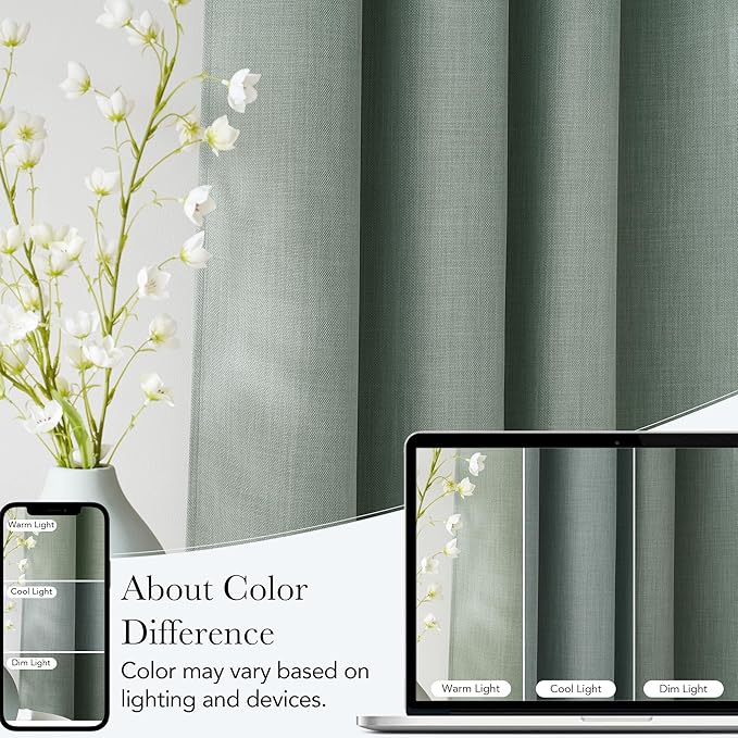 NICETOWN Sage Green Faux Linen Room Darkening Rod Pocket Curtains 63 inch Length - Image 5