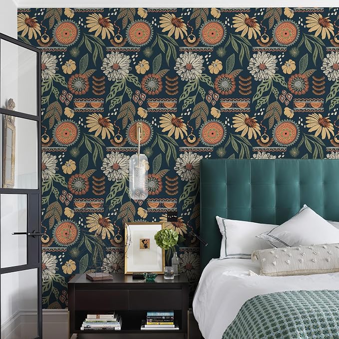 Simon&Siff Boho Peel and Stick Wallpaper, 17.3" x 80" Blue Sun Floral Retro - Image 2