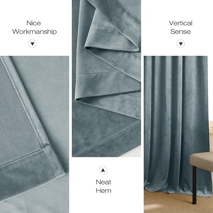 NICETOWN Stone Blue Velvet Curtains & Drapes 108 inches Long - Image 6