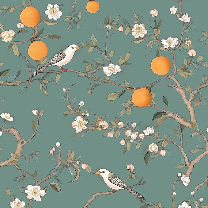 Green Floral Wallpaper Peel and Stick, Birds Contact Paper Orange Fruits by Laatse