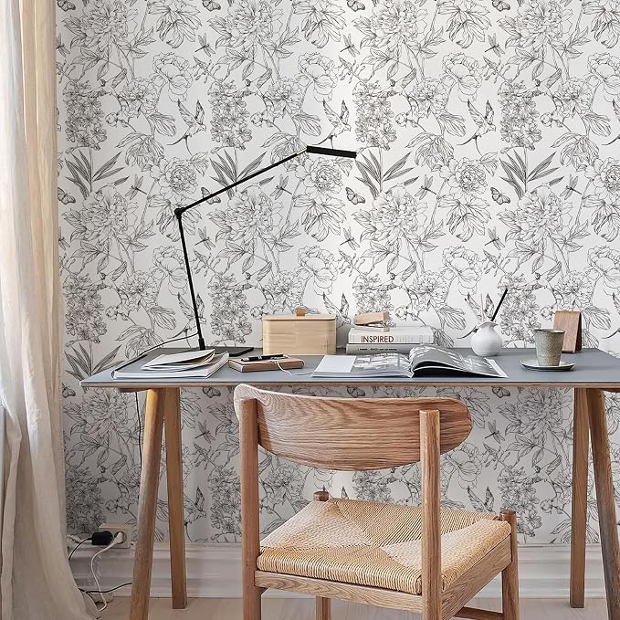 JiffDiff White and Black Wallpaper Peel and Stick Sketched Peony Floral - Image 7