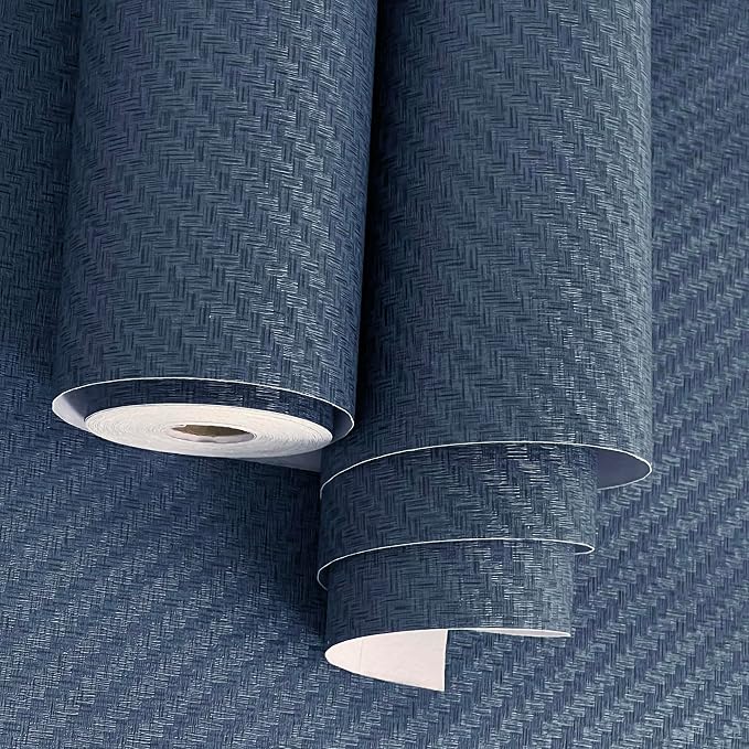 Haimin Fabric Wallpaper Textured Contact Paper Navy Blue Grasscloth Wallpaper by HaiminHomeDecorWallpaper