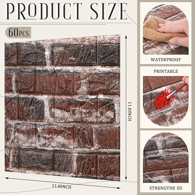 Colarr 60 Pcs 58 Sq ft 3D Wall Panels Peel and Stick Faux Foam 3D Brick - Image 2