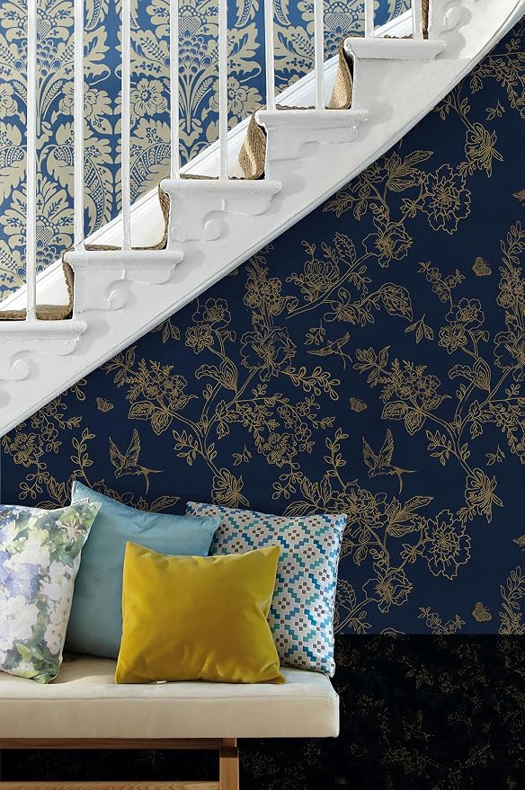 Froluya Dark Blue and Gold Vintage Floral Peel and Stick Wallpaper 17.7"x196.8" - Image 3