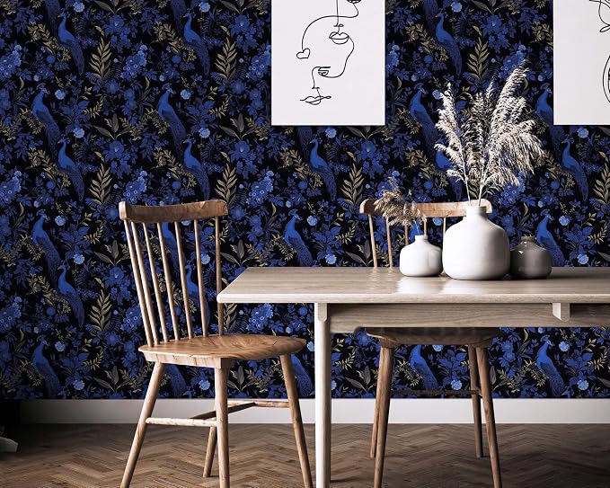 FLFK Black and Dark Blue Peacock Wallpaper, Peel and Stick Wall Mural - Image 4