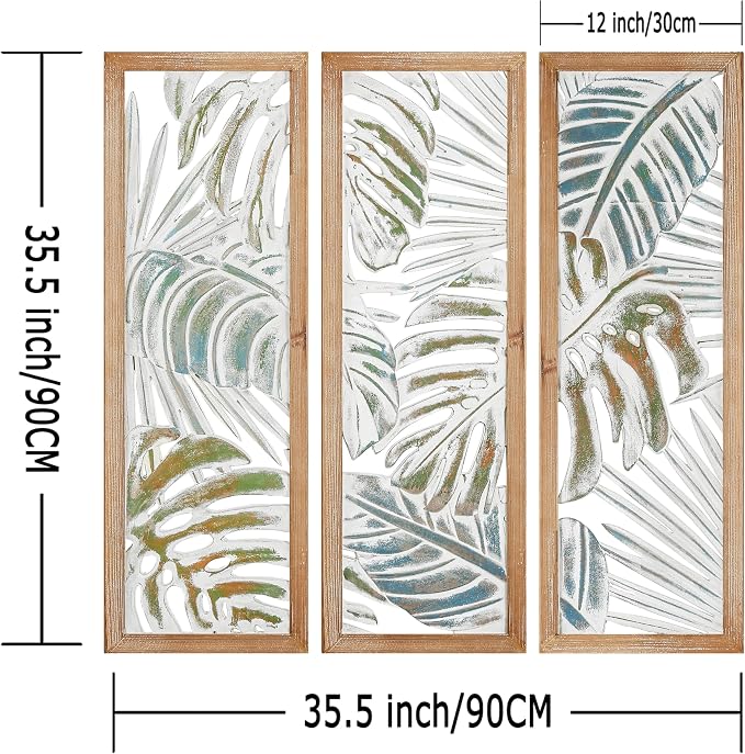 XIAOAIKA Boho Hand-Carved Wood Wall Art Decor, 35.5" Tropical Leaf Design - Image 2