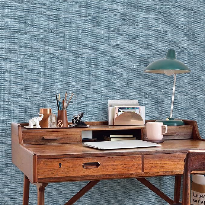 JiffDiff Grasscloth Wallpaper Peel and Stick 1181" x 17.3" Blue Cream - Image 6