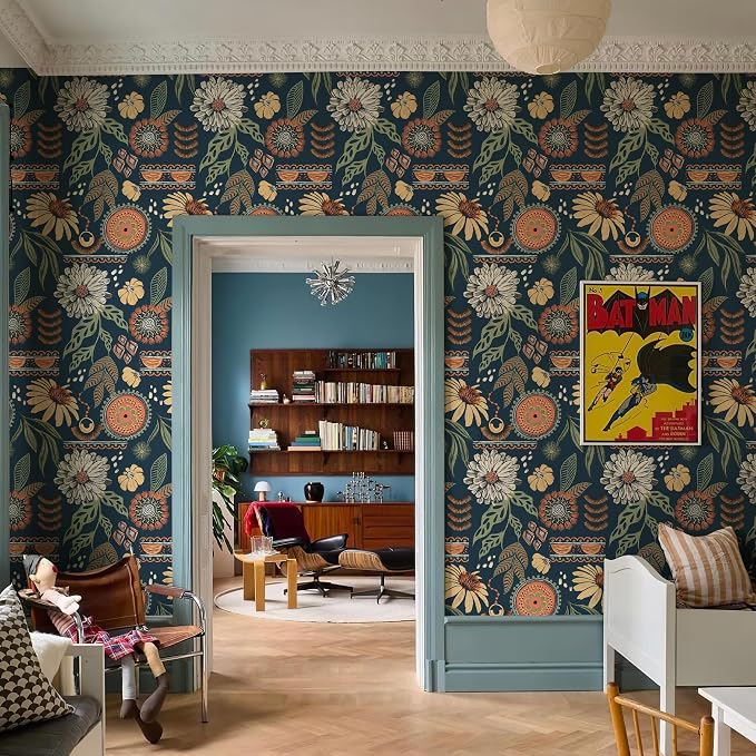Simon&Siff Boho Peel and Stick Wallpaper, 17.3" x 800" Blue Sun Floral Retro - Image 2