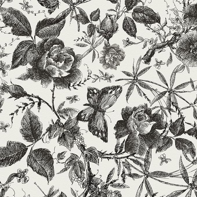 JiffDiff Floral Vintage Wallpaper Peel and Stick Wall Stick Black Rose by wallpaper