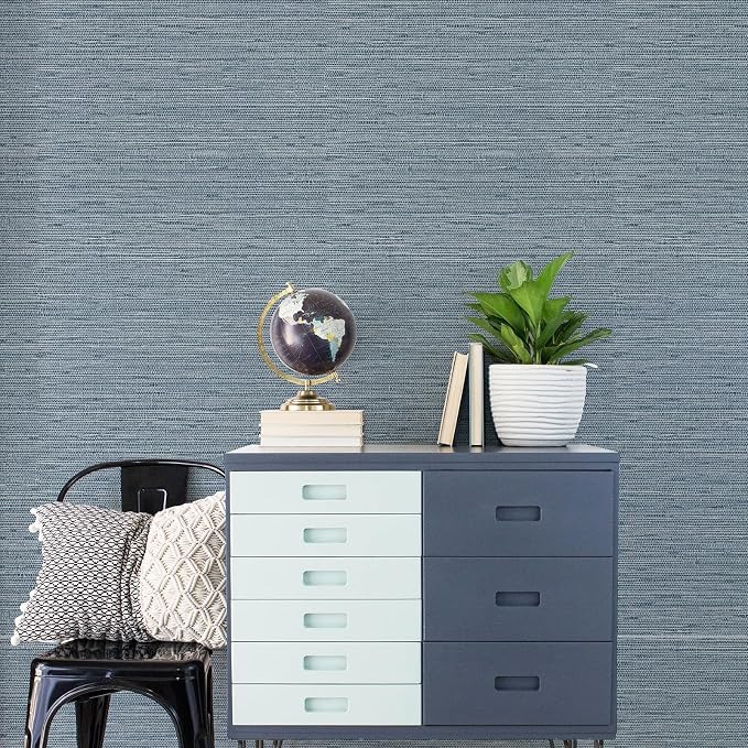Simon&Siff Grey Blue Textured Grasscloth Peel and Stick Wallpaper 17.7"x394" - Image 5