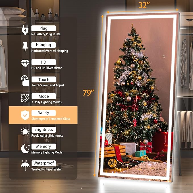 Hasipu Full Length Mirror with Lights, Full Body Dressing Hanging Mounted Mirror - Image 2