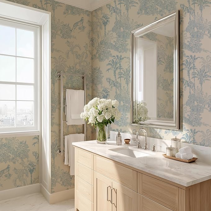 RollsRolla Toile Blue and White Peel and Stick Wallpaper Accent Wall French by RollsRolla