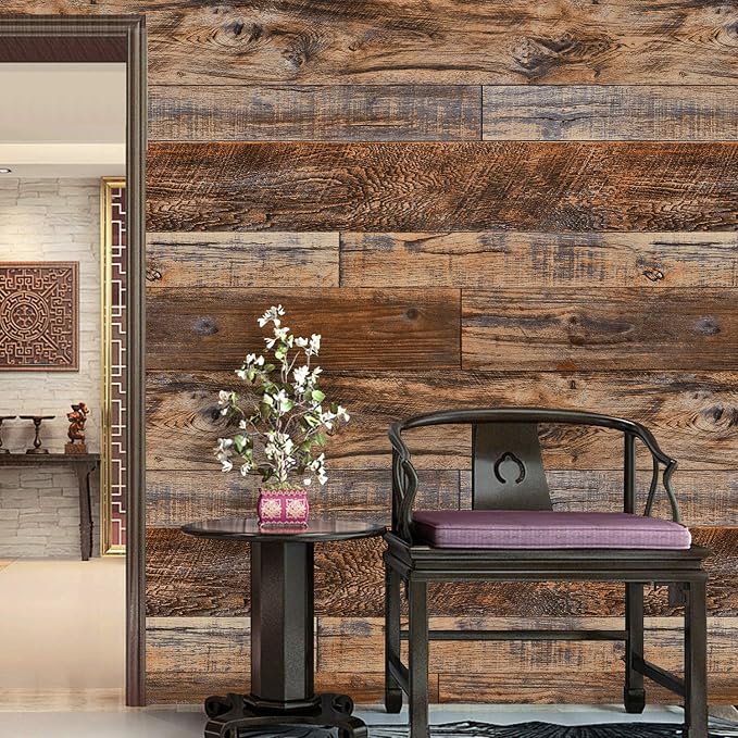 WENMER 23.6" x 197" Brown Wood Peel and Stick Wallpaper Shiplap Self Adhesive - Image 2