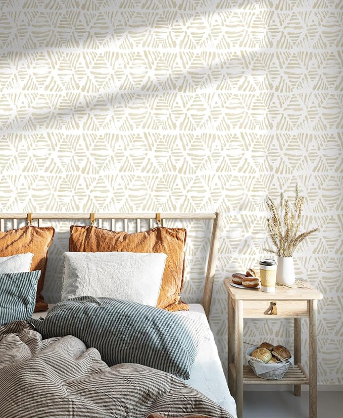 Peel and Stick Wallpaper Boho Wallpaper 17.3" x 393" Geometric Beige and White - Image 2