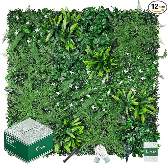 Grooy Grass Wall, Artificial Boxwood Panels 20"x20", Privacy Hedge Fence Screen by FEELTHENEWWORLD