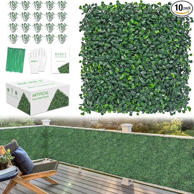 10x10Inch 10Pcs Grass Wall Panels, 4 Layers UV-Anti Boxwood Greenery Hedge by BCBLF