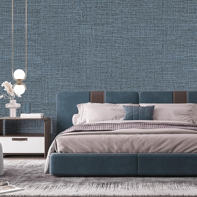 Blue Gray Grasscloth Peel and Stick Wallpaper 17.3"x300" Faux Linen Textured - Image 7