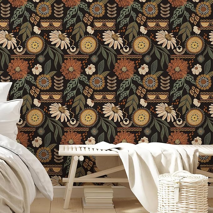Simon&Siff Boho Peel and Stick Wallpaper, 17.3" x 1200" Sun Floral Retro - Image 4