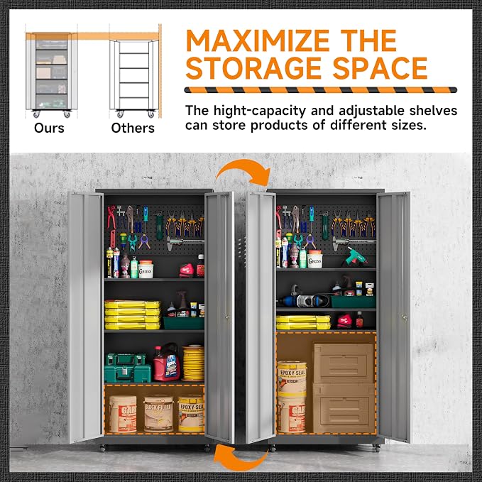Garage Storage Cabinet with Wheels, Metal Storage Cabinet with 2 Doors and - Image 4