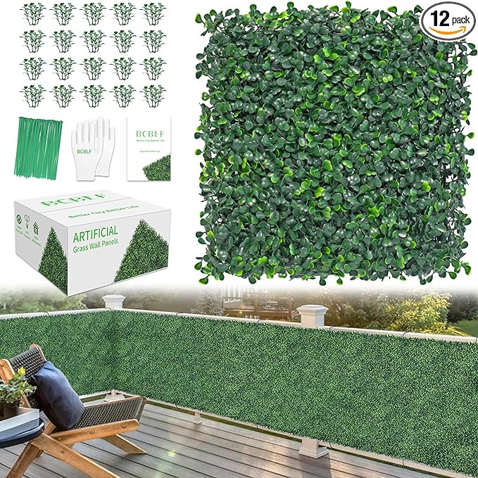 10x10Inch 12Pcs Grass Wall Panels, 4 Layers UV-Anti Boxwood Greenery Hedge by BCBLF