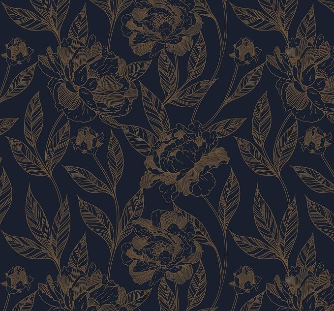 Timeet Peel and Stick Wallpaper Gold and Blue Floral Wall Paper by Timeet