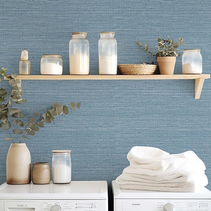 JiffDiff Grasscloth Wallpaper Peel and Stick 1181" x 17.3" Blue Cream - Image 7