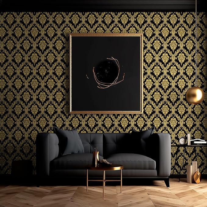 Peel and Stick Wallpaper Black and Yellow Damask Wallpaper - Image 4