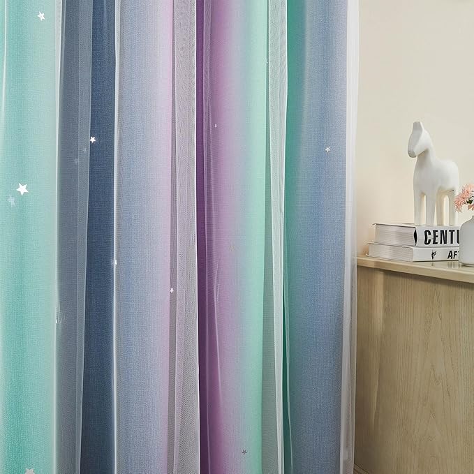 XiDi Curtains for Bedroom Decor, Rainbow Purplgreen grey34/90 - Image 3
