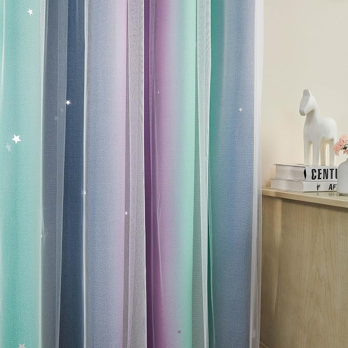 XiDi Curtains for Bedroom Decor, Rainbow Purplgreen grey52/96 - Image 3