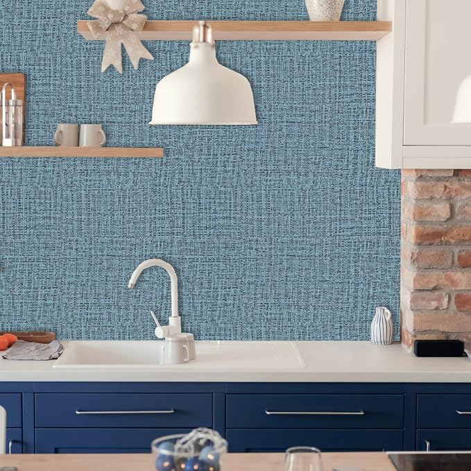 TANONE Blue Contact Paper Peel and Stick 15.8 in X 197 in, Grasscloth Wallpaper - Image 6