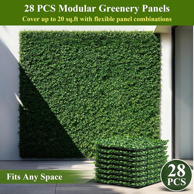 28Pcs Artificial Grass Wall Panels 10" x 10" Faux Boxwood Green Wall UV - Image 4