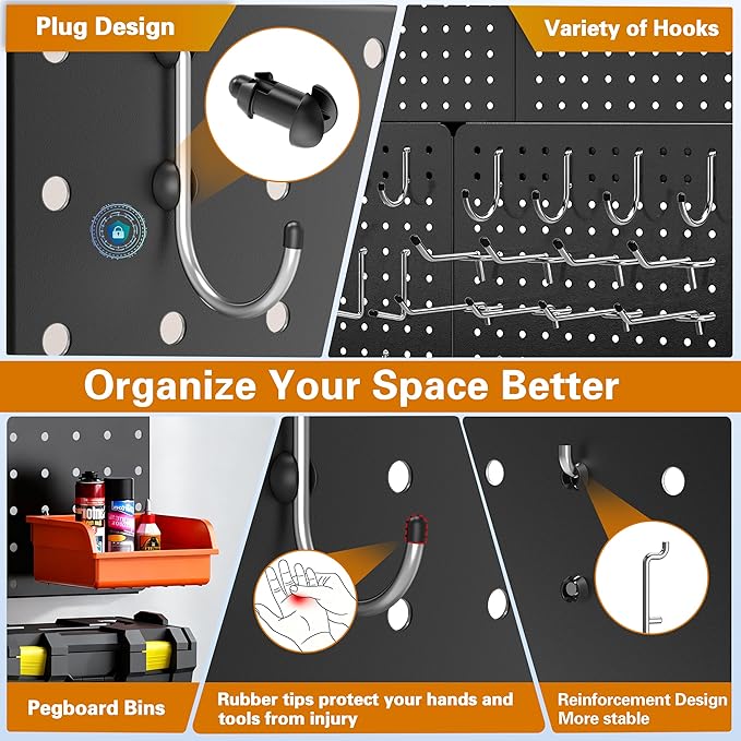 Peg Board, 4 Pack Black Peg Board Panels, 50lbs Load Capacity Each, Pegboard - Image 4