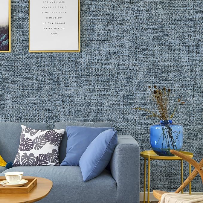 Blue Gray Grasscloth Peel and Stick Wallpaper 17.3"x480" Faux Linen Textured - Image 5