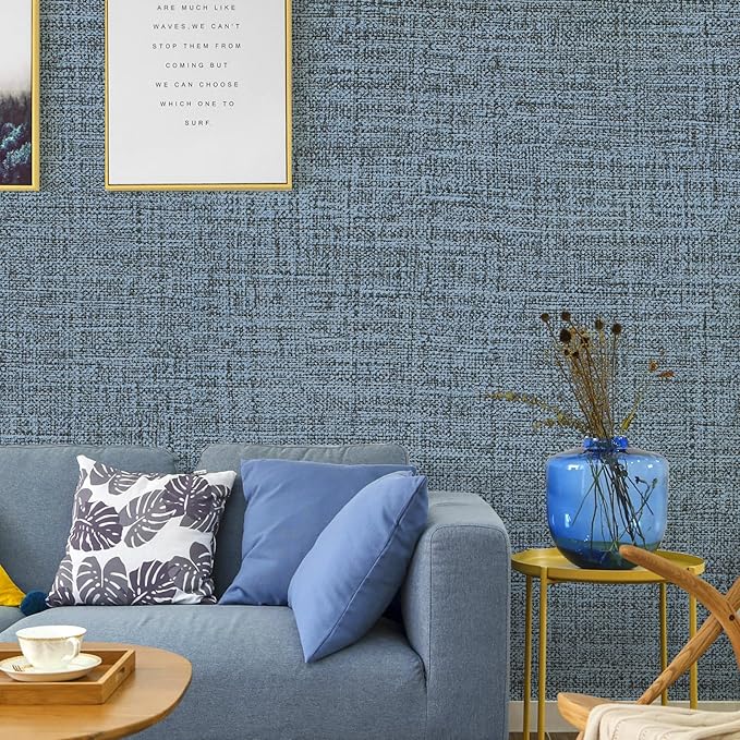 Blue Gray Grasscloth Peel and Stick Wallpaper 17.3"x300" Faux Linen Textured - Image 5