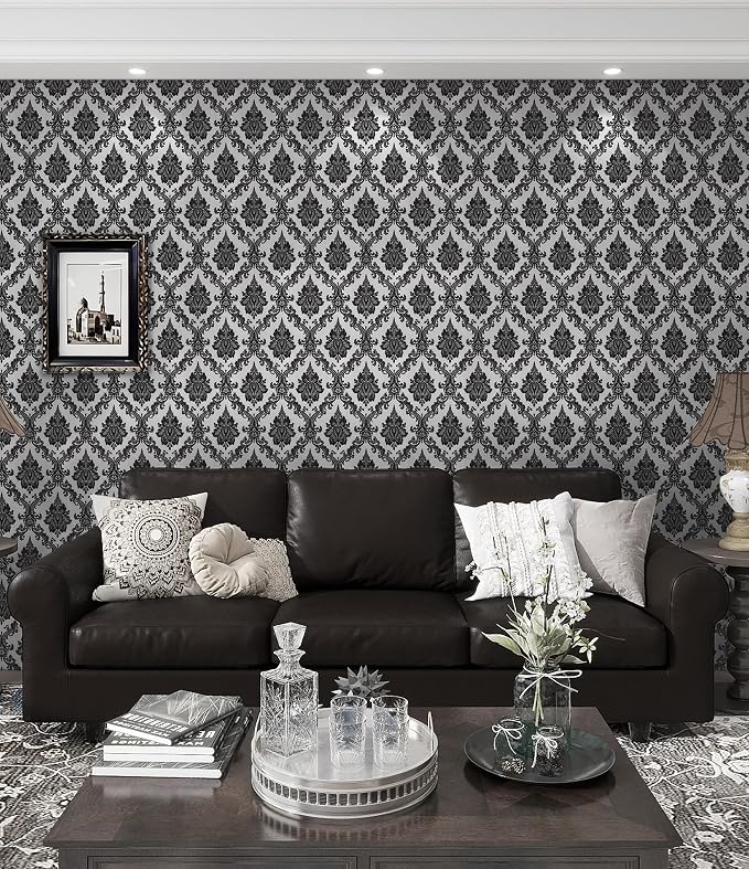 17.7" x 197" Peel and Stick Wallpaper Black Vintage Wallpaper Damask Contact - Image 5