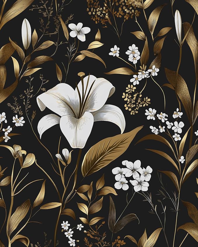 Laatse White Floral Wallpaper Peel and Stick, Dark Golden Botanical Wall Paper by Laatse