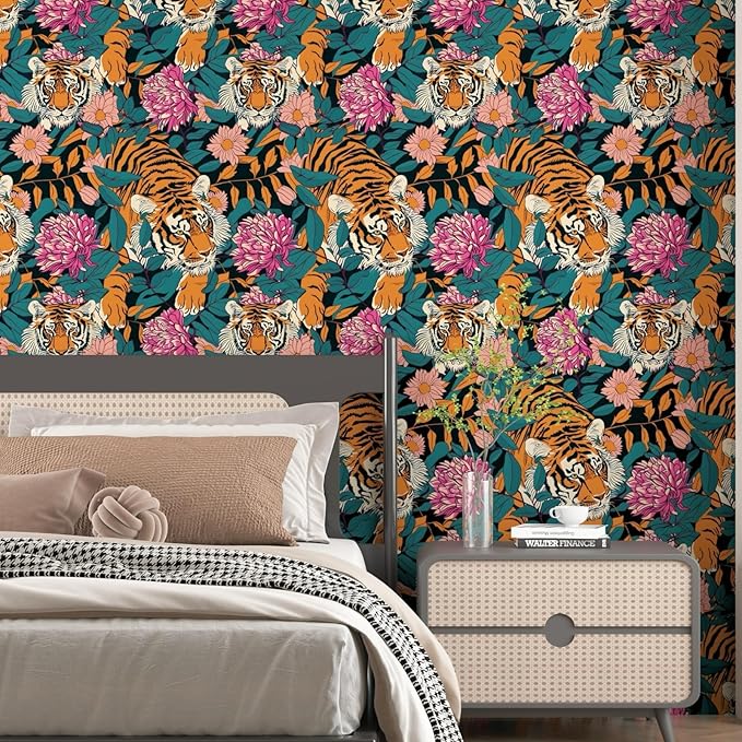 BOKEBEVE Orange Tiger Wallpapers Tiger Print Peel and Stick Wallpaper Jungle - Image 4