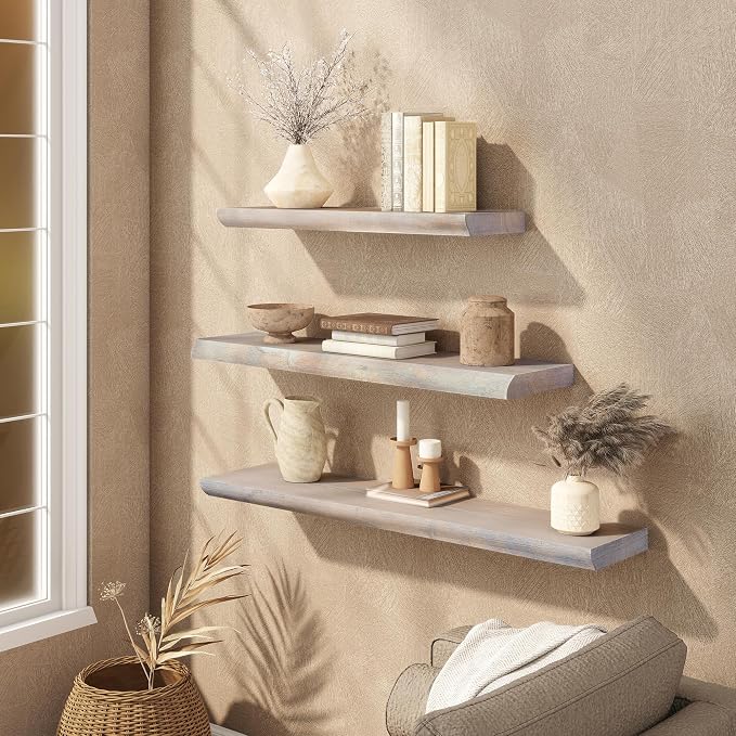 Live Edge Floating Shelves Set of 2, 36 Inch Solid Elm Wood Wall Shelves - Image 6