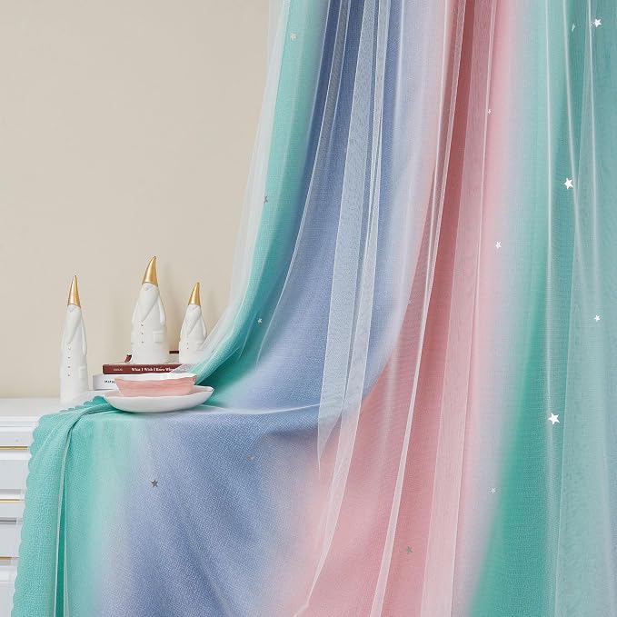 XiDi Curtains for Bedroom Decor, Rainbow Pinkgreen grey52/45 - Image 5