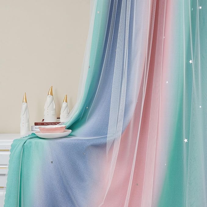 XiDi Curtains for Bedroom Decor, Rainbow Pinkgreen grey52/90 - Image 5