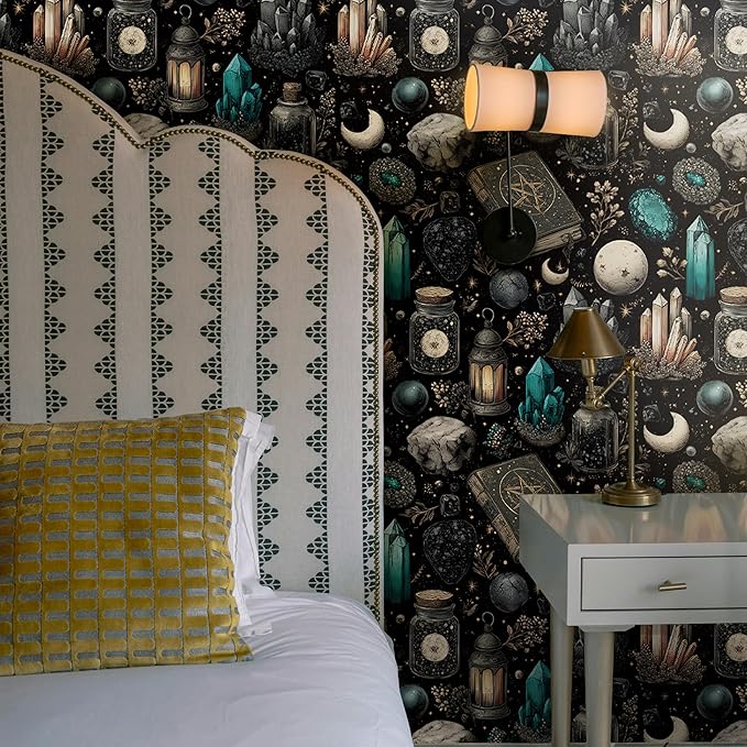 FLFK Black Wallpaper Peel and Stick Dark Witchy Wallpaper 16" x 384" Crystal - Image 3