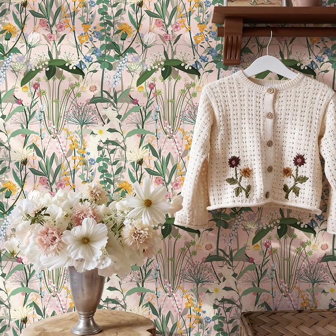 JiffDiff Floral Wallpaper Peel and Stick 17.3"x1181" Pink Farm Wildwood Stick - Image 3
