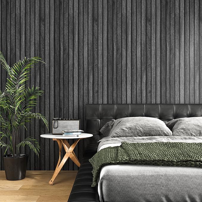 VEELIKE Charcoal Black Wooden Slat Wallpaper Peel and Stick Waterproof Dark - Image 2
