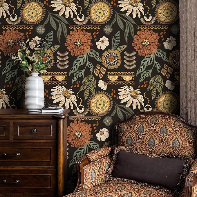 JiffDiff Boho Wallpaper Peel and Stick 17.3" x 400" Vintage Sun Floral Retro by wallpaper