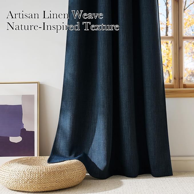 NICETOWN Short Faux Linen Navy Blue Blackout Curtains 63 inches Long - Image 3